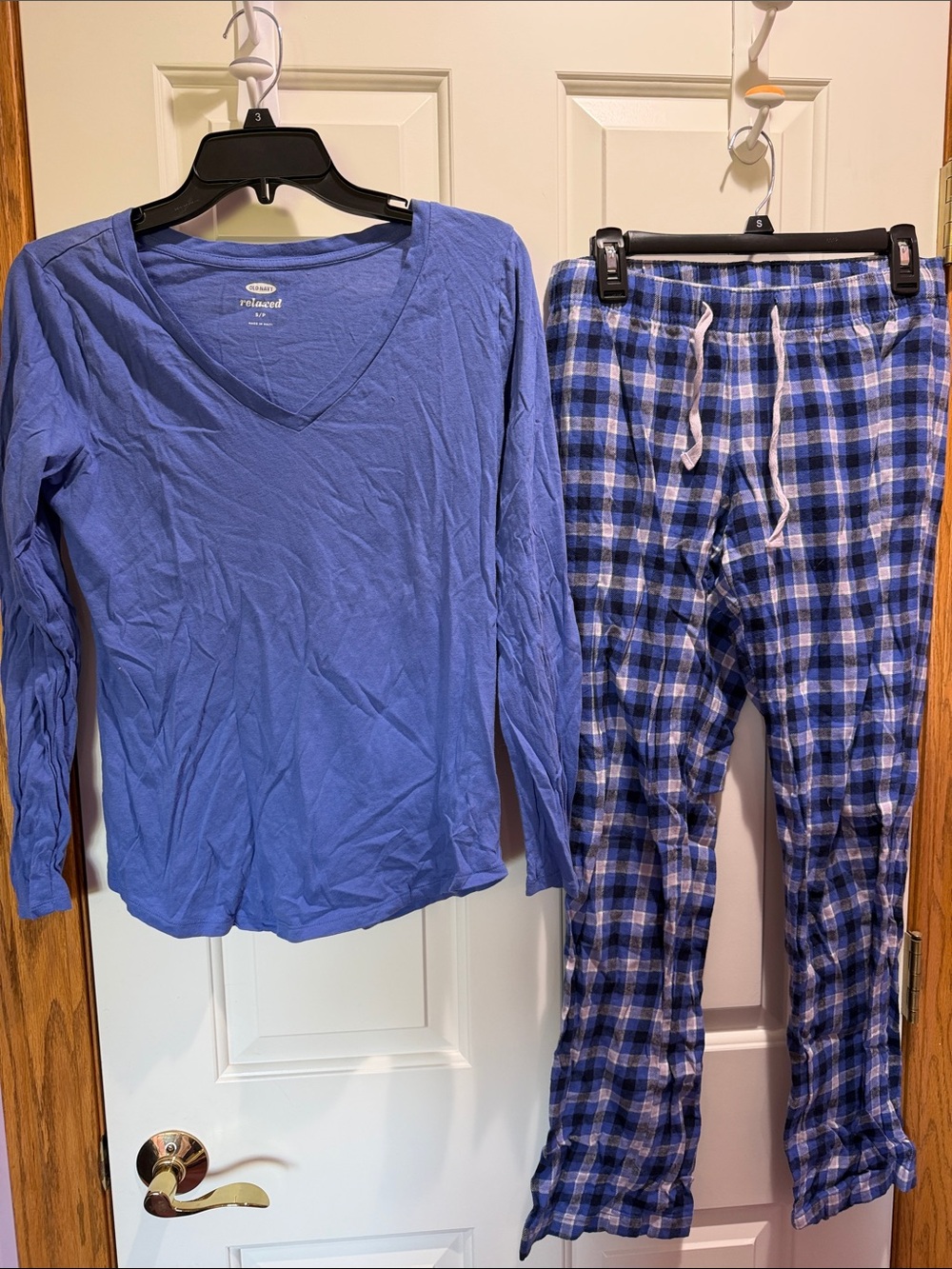 Old Navy Blue V-Neck Long Sleeve Top with Blue Plaid Pajama Pants